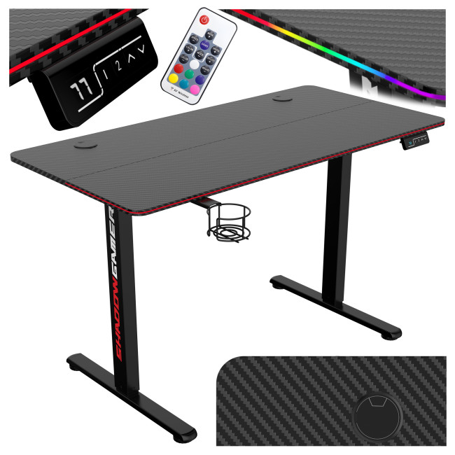 Levně Herní stůl s LED osvětlením SHADOW GAMER 2.0 elektrický, černý