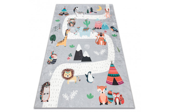 Detský koberec protišmykový BAMBINO 2160 Indiánska dedina sivý