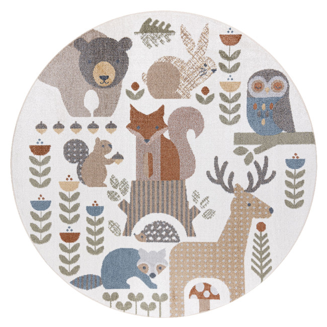 Koberec BONO 8425 lesné zvieratká, krémový / hnedý, kruh