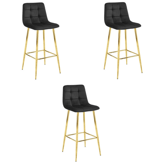 Set troch barových stoličiek ARCETO zamatové čierne (zlaté nohy) 3 ks