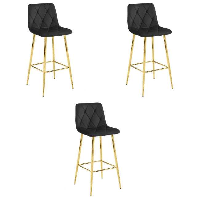 Set troch barových stoličiek NADO zamatové čierne (zlaté nohy) 3 ks