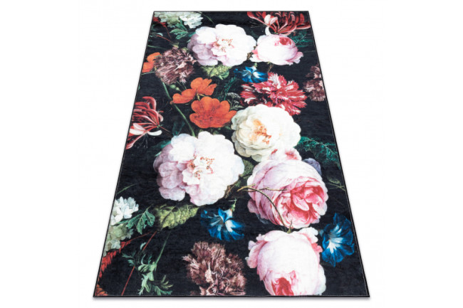 Koberec protišmykový ANDRE 1629 Kvety - čierny / ružový