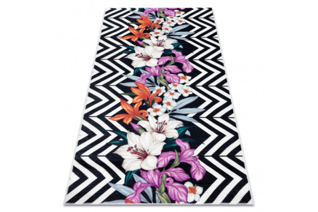 Koberec protišmykový ANDRE 2300 Kvety - čierny / biely