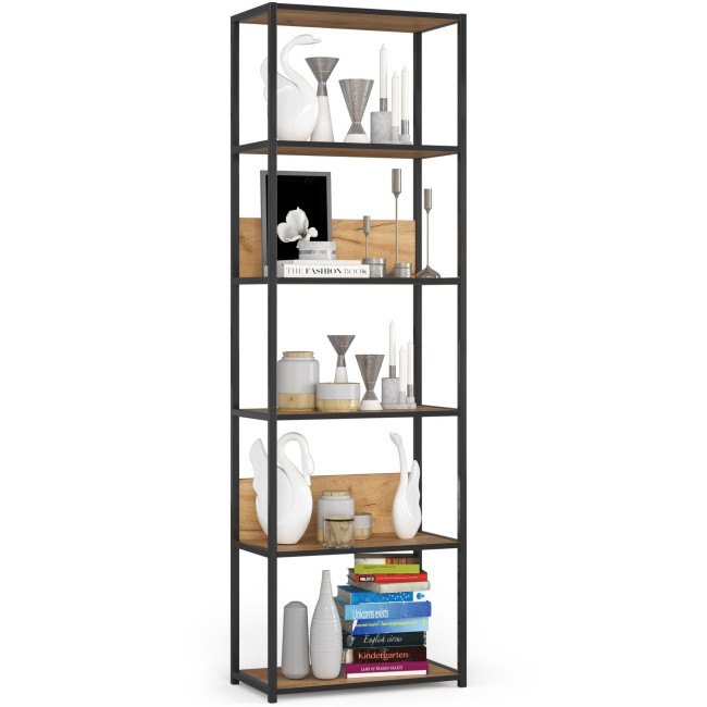 Levně Kovový regál 60 cm, 6 polic, černý / dub craft