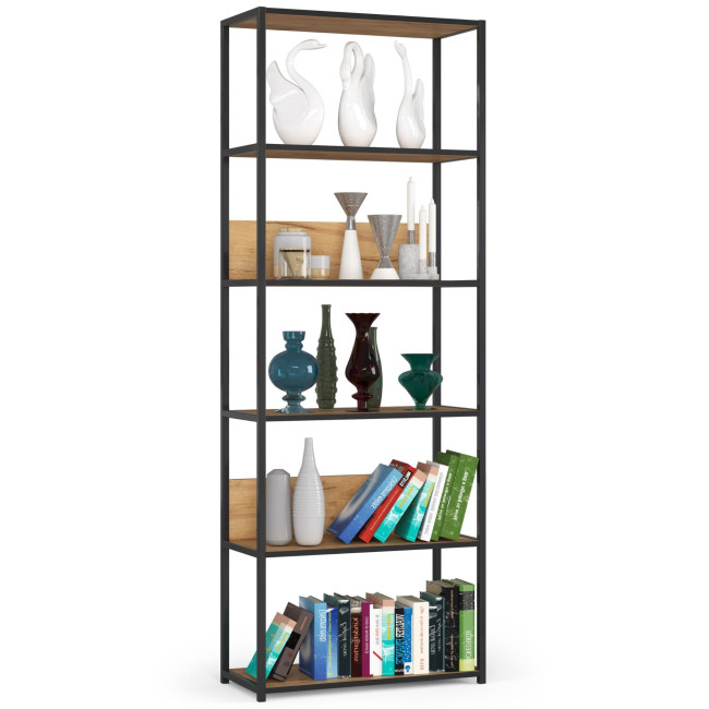 Kovový regál 70 cm, 6 políc, čierny / dub craft