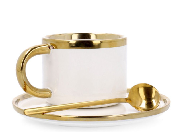 Šálka SINNES s podšálkou a lyžičkou, biela / zlatá 806563 200 ml