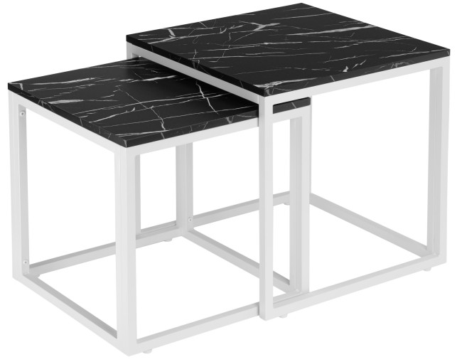 Sada 2 konferenčných stolíkov PRAVEN mramorová, čierna / biela