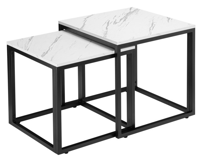 Sada 2 konferenčných stolíkov PRAVEN mramorová, biela / čierna