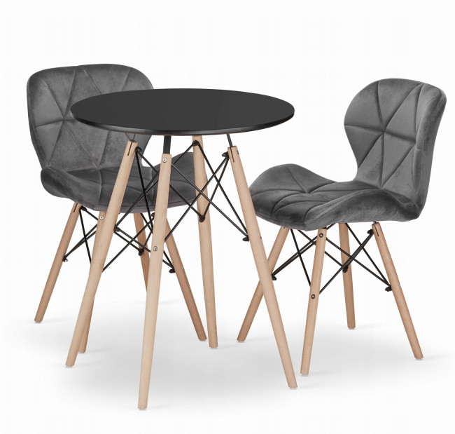 Jedálenský stôl TODI čierny 60 cm s dvoma stoličkami LAGO zamatové sivé
