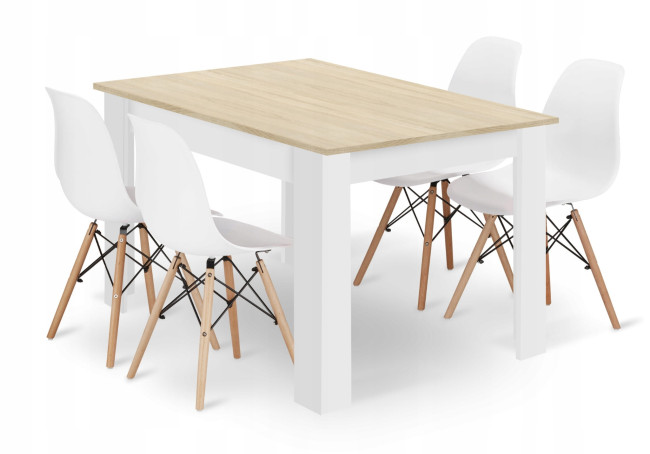 Jedálenský stôl dub sonoma / biely so štyrmi stoličkami OSAKA biele / hnedé